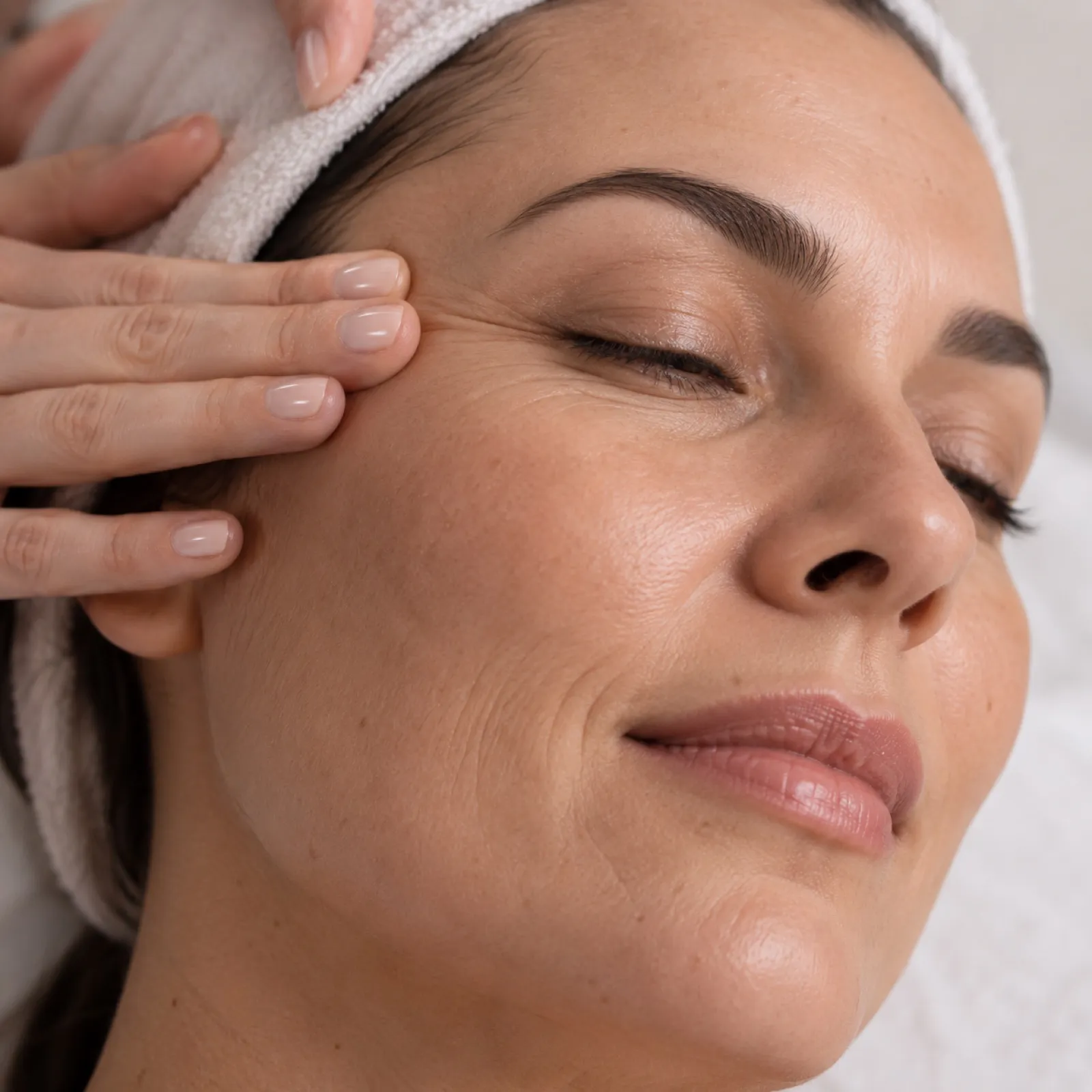 Esteticista tocando suavemente el contorno de ojos de una paciente durante un tratamiento facial