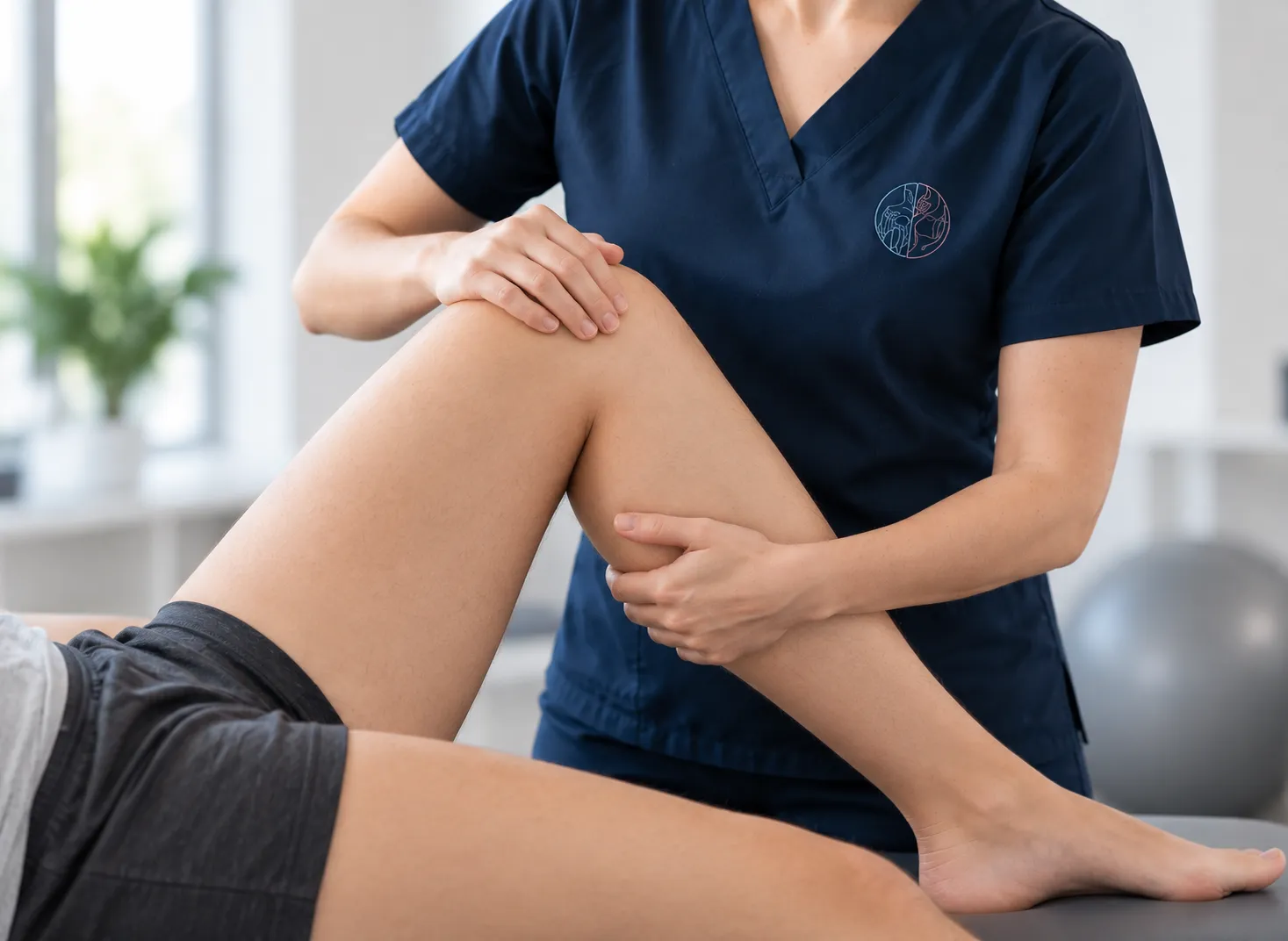 Kinesióloga revisando la rodilla de un paciente durante una sesión a domicilio