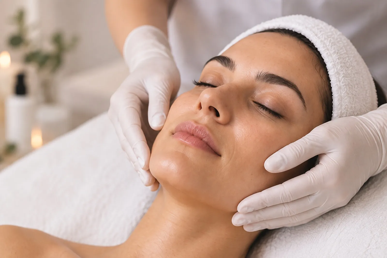 Esteticista sosteniendo suavemente el rostro de una paciente recostada durante un tratamiento facial