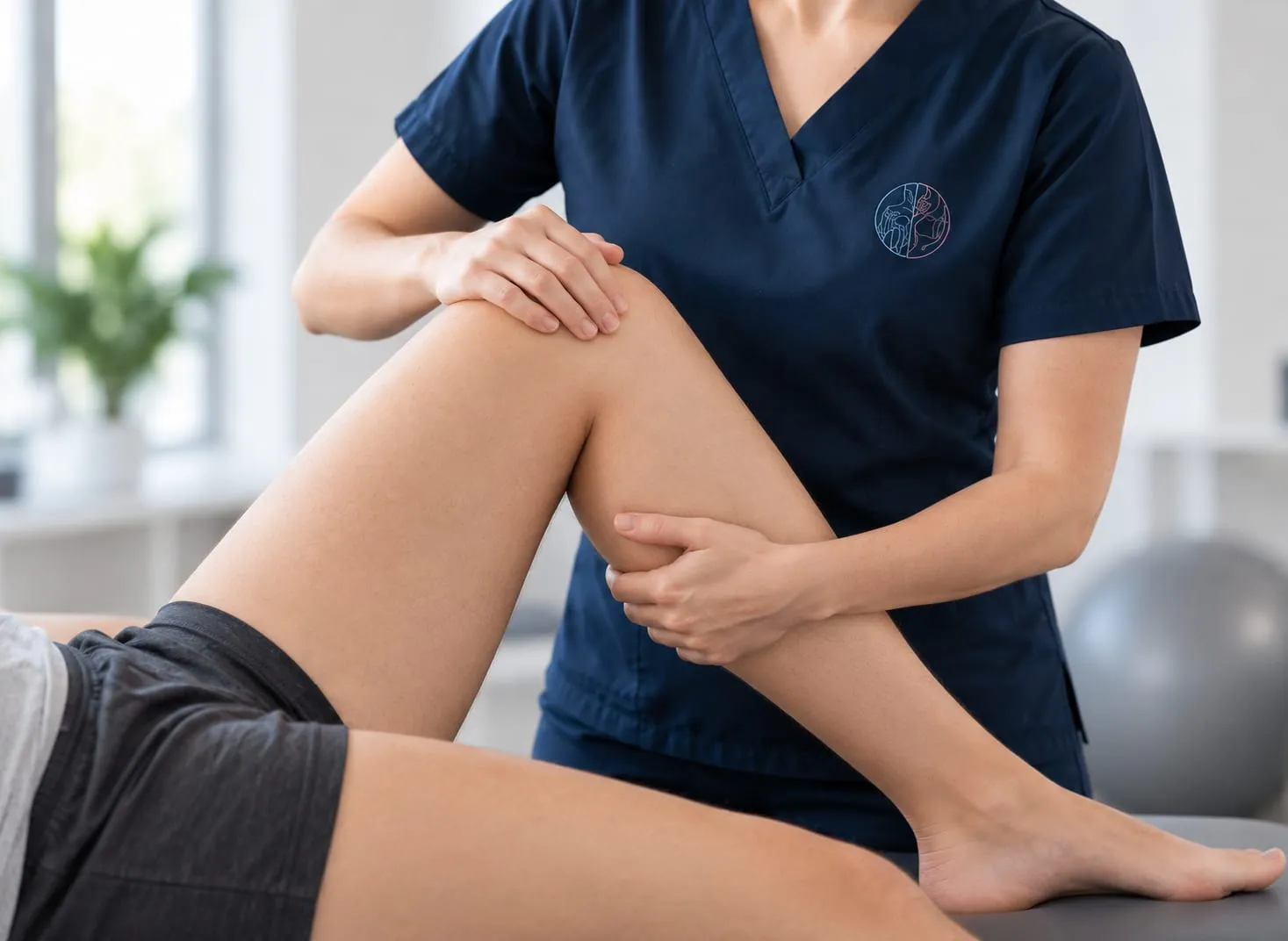 Kinesióloga revisando la rodilla de un paciente durante una sesión a domicilio