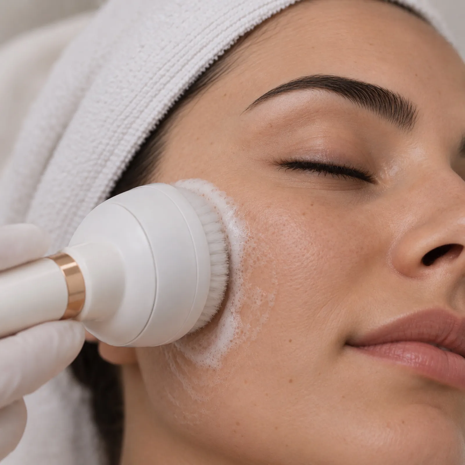 Esteticista limpiando el rostro de una paciente con un cepillo facial, con banda para el cabello