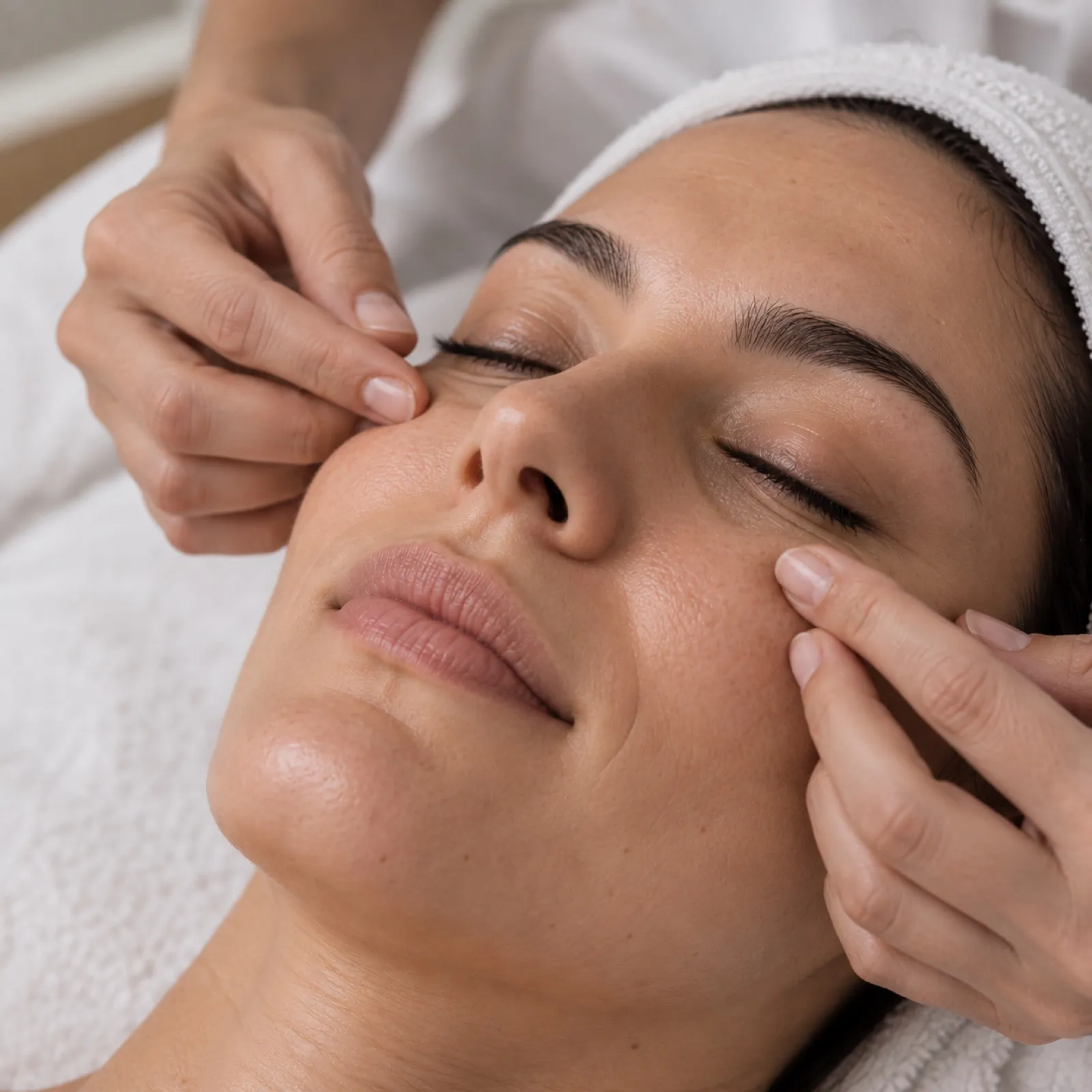 Manos de una esteticista aplicando masaje facial relajante alrededor de los ojos de una paciente