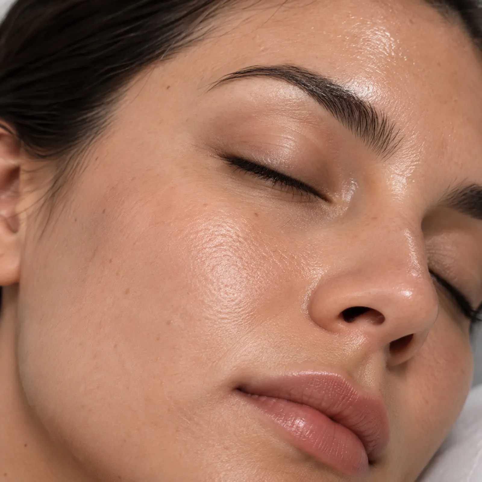 Primer plano del rostro de una paciente con la piel limpia y luminosa, ojos cerrados